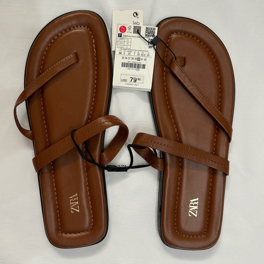 Zara 100% Leather Strappy Brown Thong Sandals BNWT Sz 9